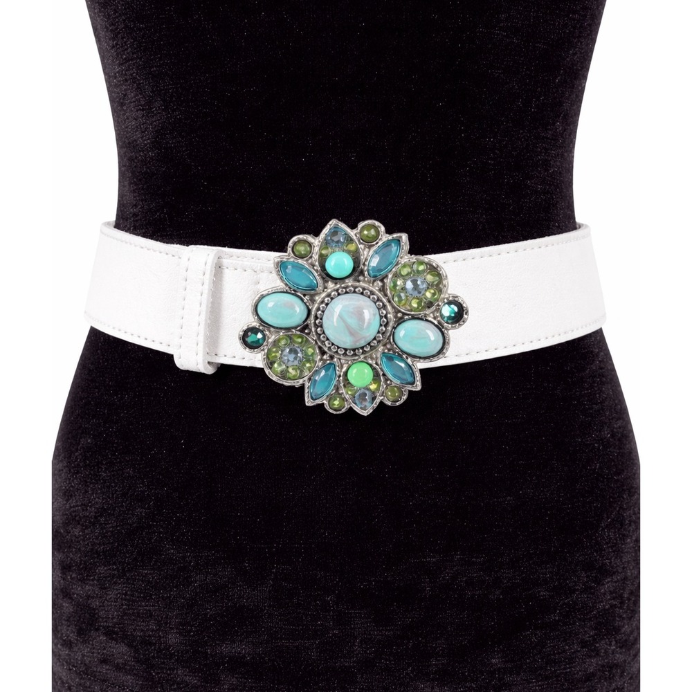 Leatherock Womens Waist Belt White Leather Turquoise‎ Crystal Buckle Size XL